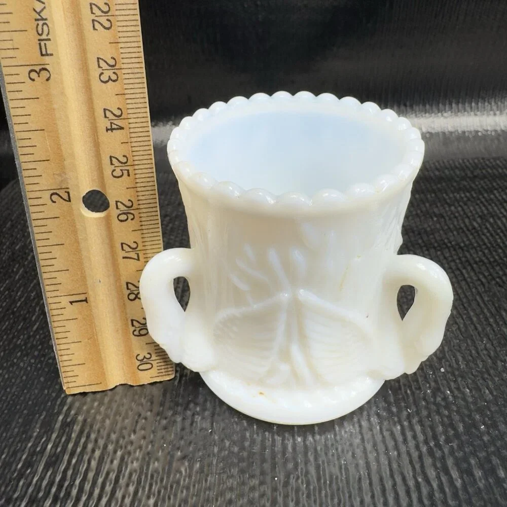 Westmoreland Milk Glass Triple Swan Handled Toothpick Holder Small Vase Dish VTG
